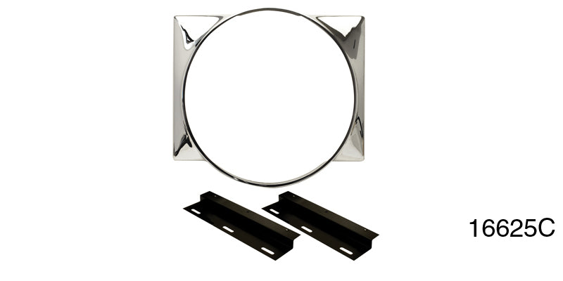 16625c - Danchuk 1955-1957 Steel Fan Shroud, Chrome Plated with Black Brackets, V8 In Stock V8 Position