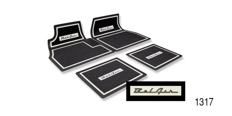 1317 - Danchuk 1955-1957 Chevy Custom Carpet Floor Mats, Black with Bel Air Logo