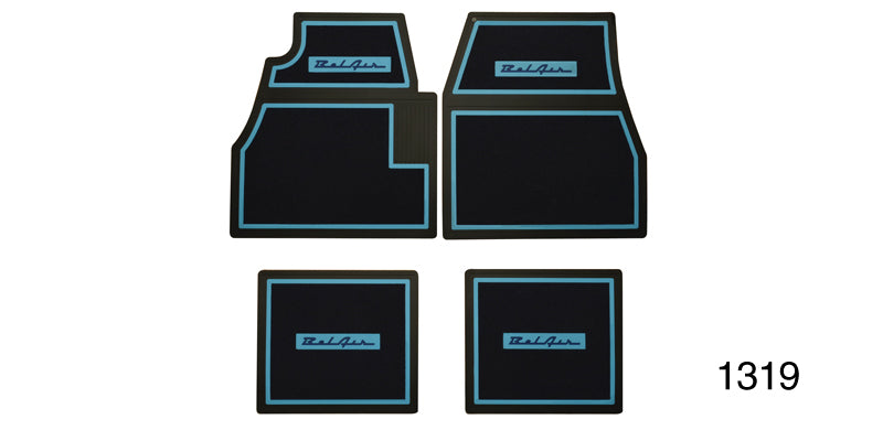 1319 - Danchuk 1955-1957 Chevy Custom Carpet Floor Mats, Blue with Bel Air Logo