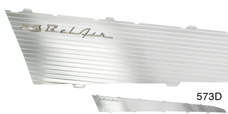 573d - Danchuk 1957 Chevy Bel Air Aluminum Side Panel Insert, with Chrome Emblems, All 2-Door, Pair (OS)