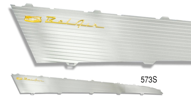 573s - Danchuk 1957 Chevy Bel Air Aluminum Side Panel Inserts, with Forged Emblems, All 2-Door, Pair (OS)