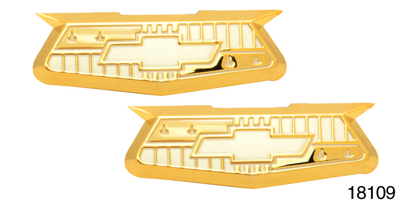 v365 - Danchuk 1955-1957 Chevy Bel Air Gold Crest Emblems, Pair, (Good)